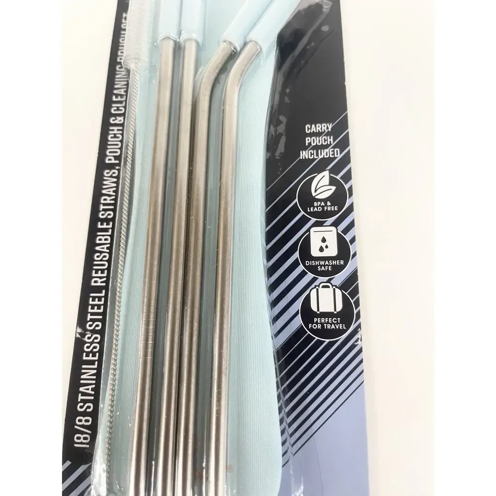 Set of 6 Stainless Steel Reusable Straw‎ Pouch & Cleaning Brush Set TEAL
